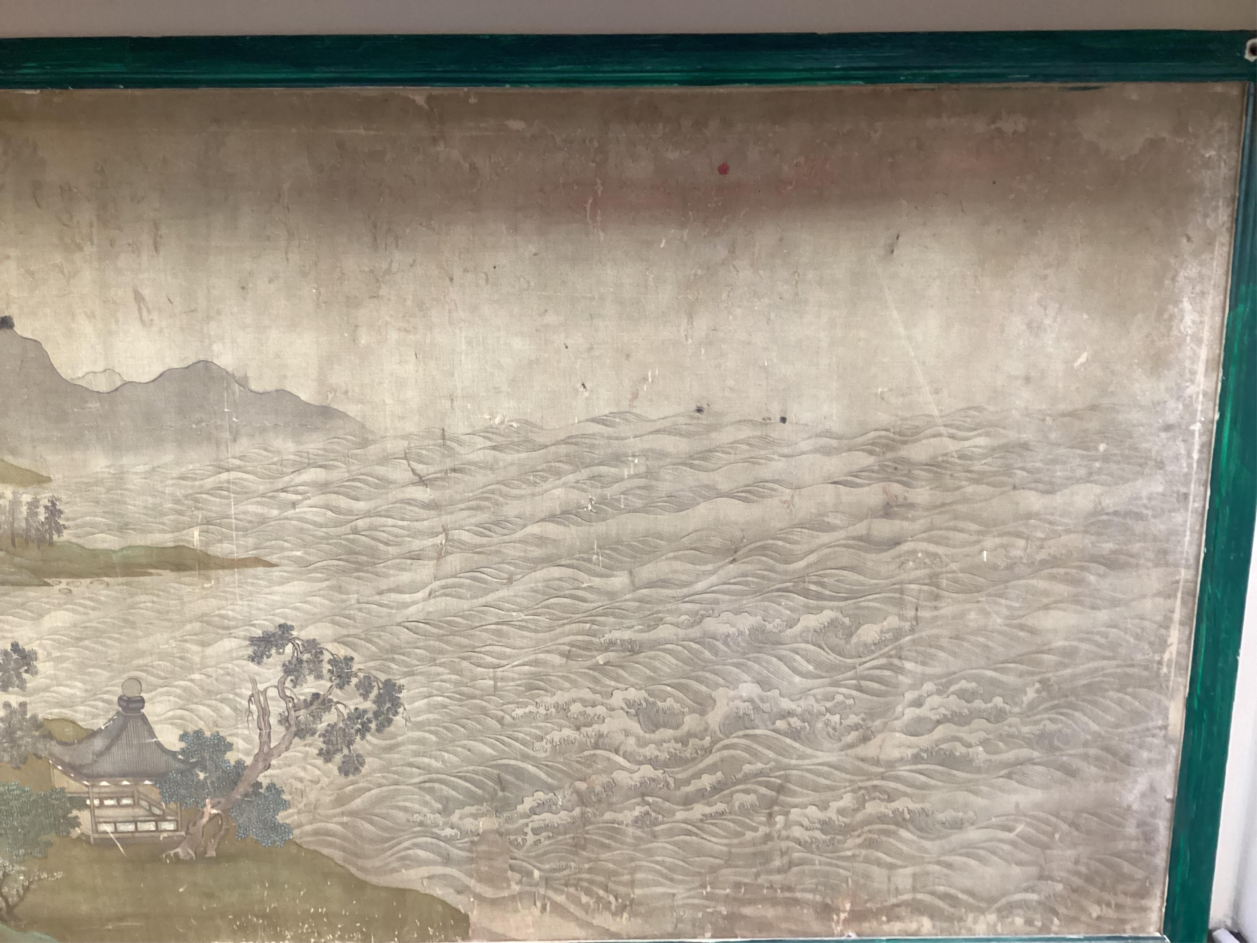 Chinese School , 17th century or earlier, Scholars in a mountainous river landscape scene with pavilions, Ink and colour on silk, incomplete clerical script signature, 54cm x 290cm